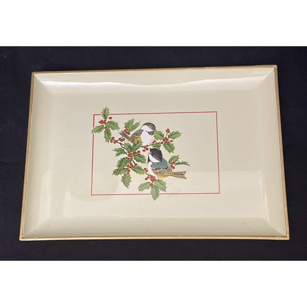 Gibson Greetings X Otagiri Lacquerware Tray Chickadees Birds & Holly Branch‎